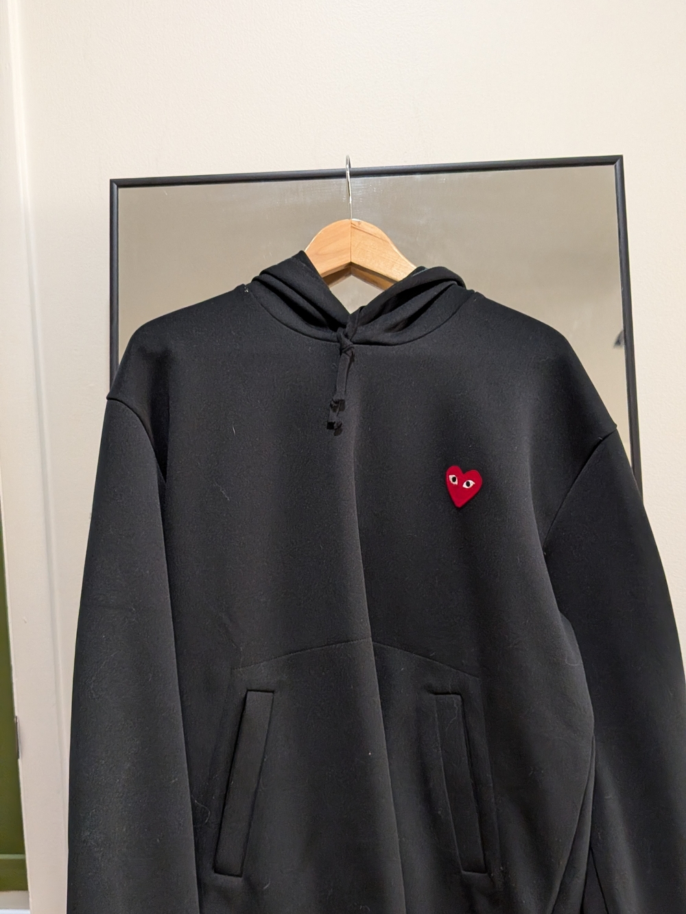 Comme des Garcons Black Hoodie with Red Heart Patch